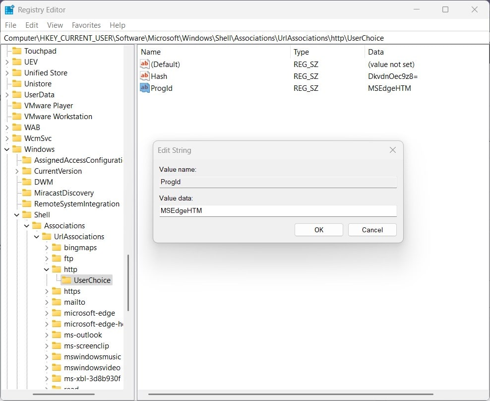 Registry Editor method to change the default Windows 11 browser