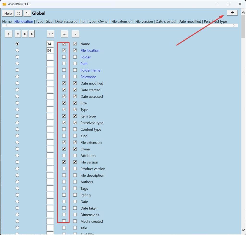 WinsetView select headers to add in folder file explorer