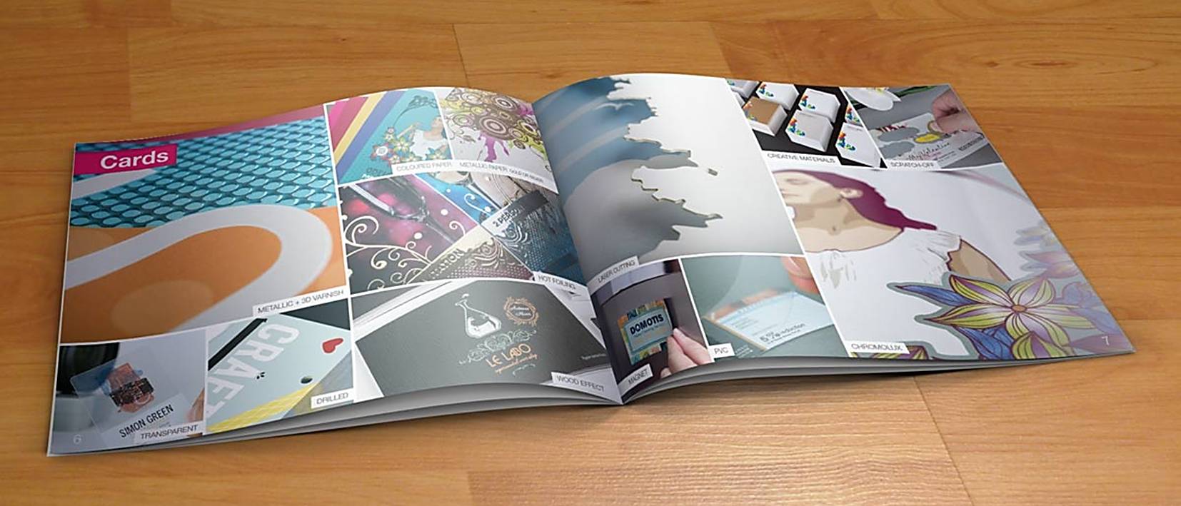catalogue laying open on wooden surface