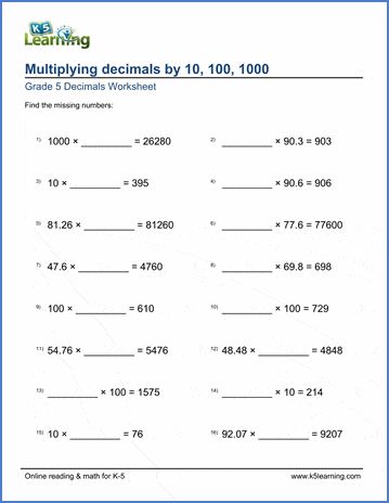 Worksheet: Multiply decimals by 10, 100 or 1,000 (missing factors) | K5  Learning