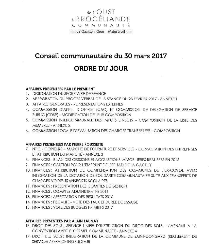 Oust à Brocéliande Communauté. L’ordre du jour du conseil - Les Infos du  Pays Gallo