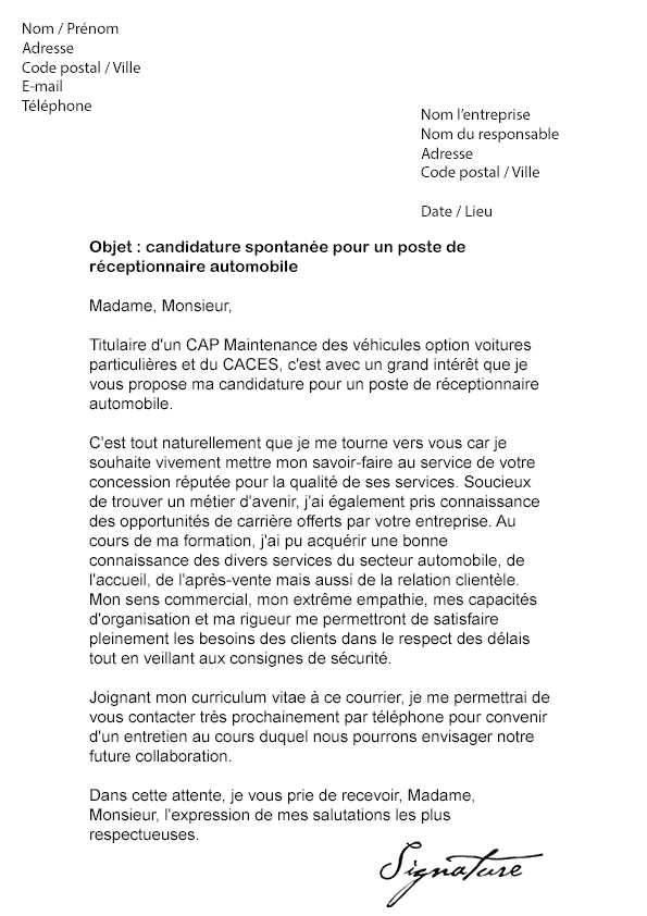 Lettre de motivation Réceptionnaire Automobile - Modèle de Lettre
