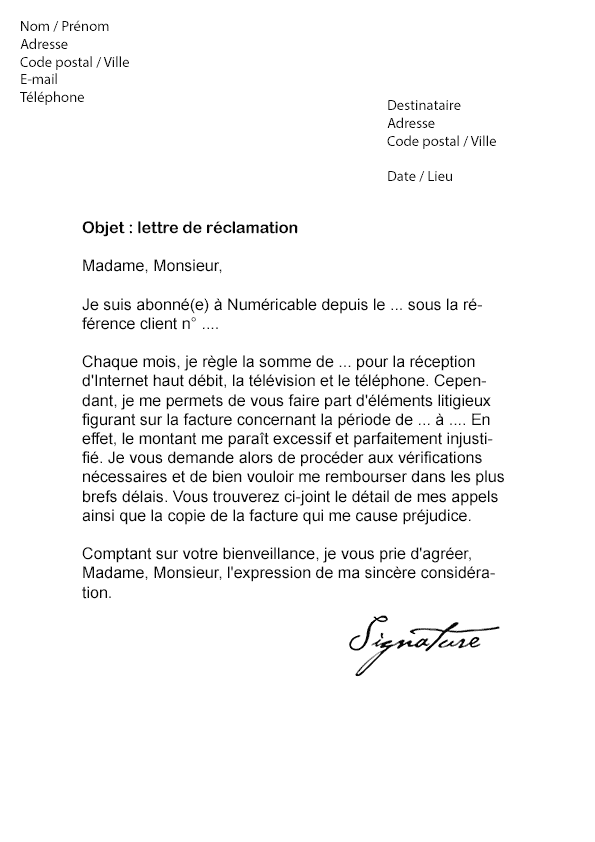 Lettre de réclamation Numericable - Modèle de Lettre