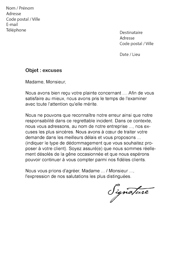 Lettre d’excuse à un Client (Problème Qualité) - Modèle de Lettre