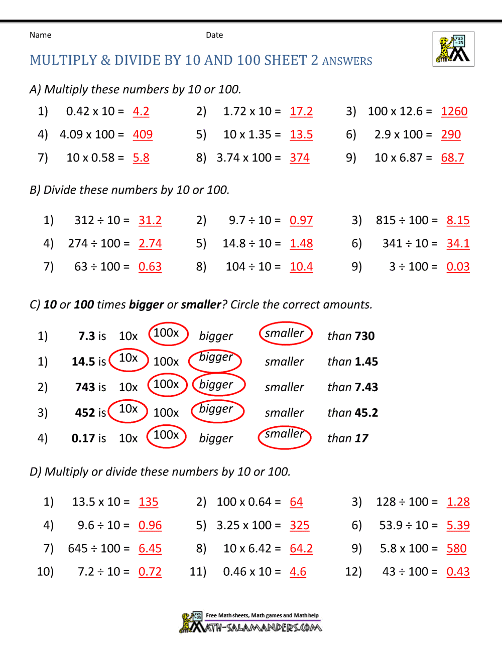 Multiply and Divide by 10 100