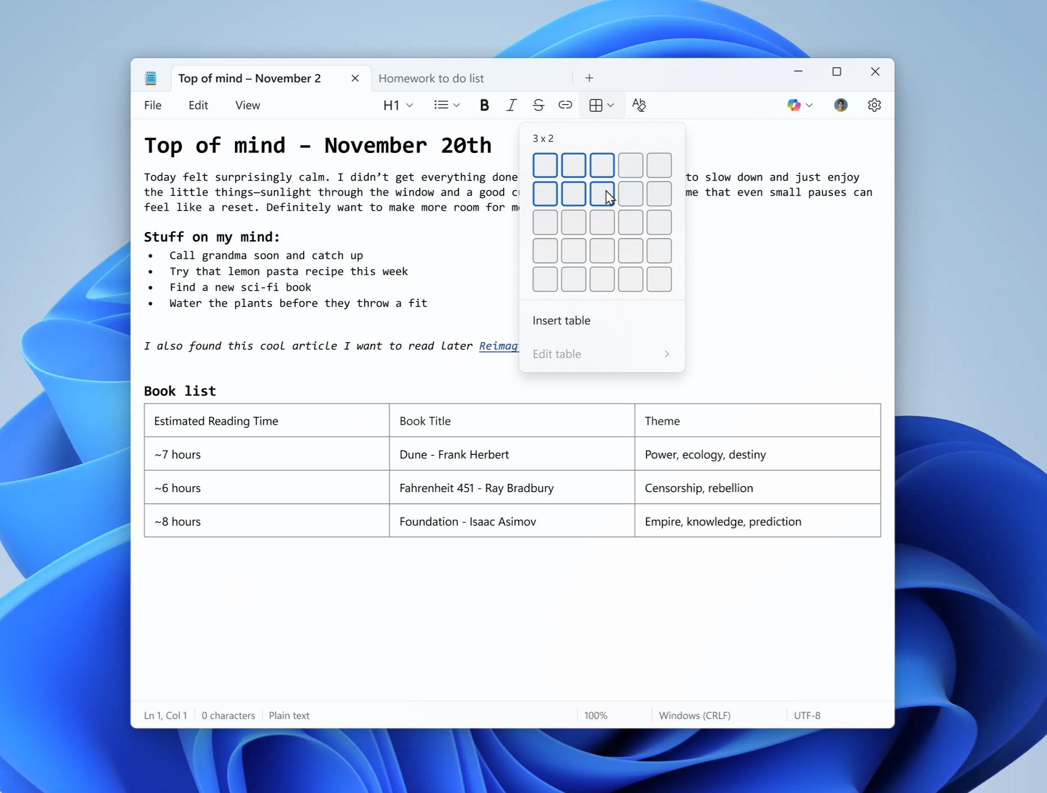 Windows Notepad is testing advanced formatting options — like tables
