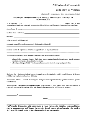 Fillable Online Ordinefarmacistivicenza Modulo Richiesta Inserimento Elenco Cerco Lavoro - Ordine Dei ... - Ordinefarmacistivicenza Fax Email Print - Pdffiller 386_x_298_png