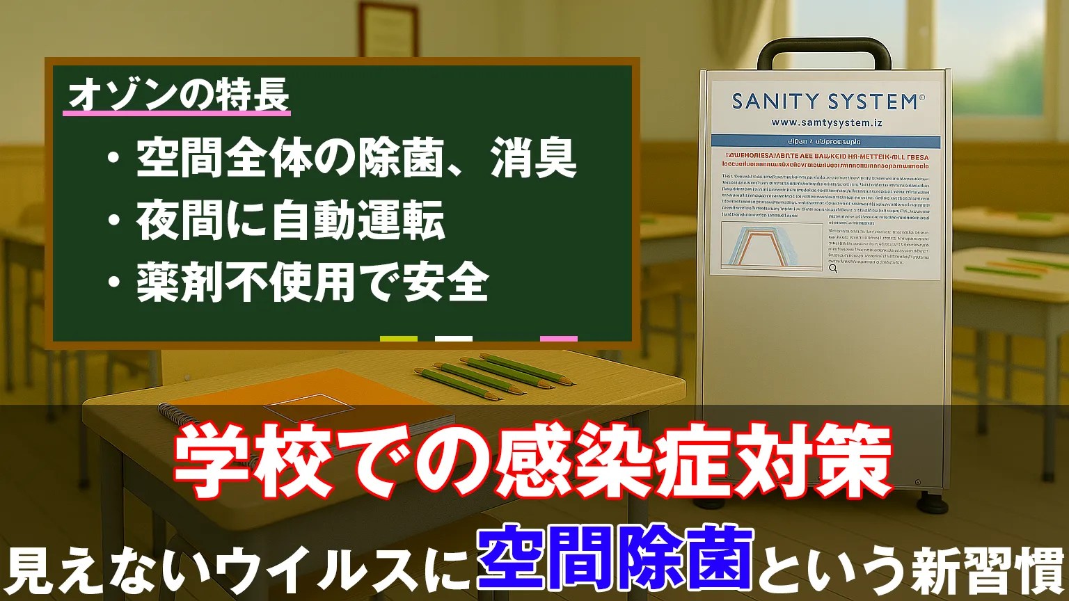 新学期】学校の感染症対策｜オゾンで安心・安全な学びの場へ | SANITY SYSTEM サニティシステム｜オゾン発生器 業務用 高濃度 除菌・消臭