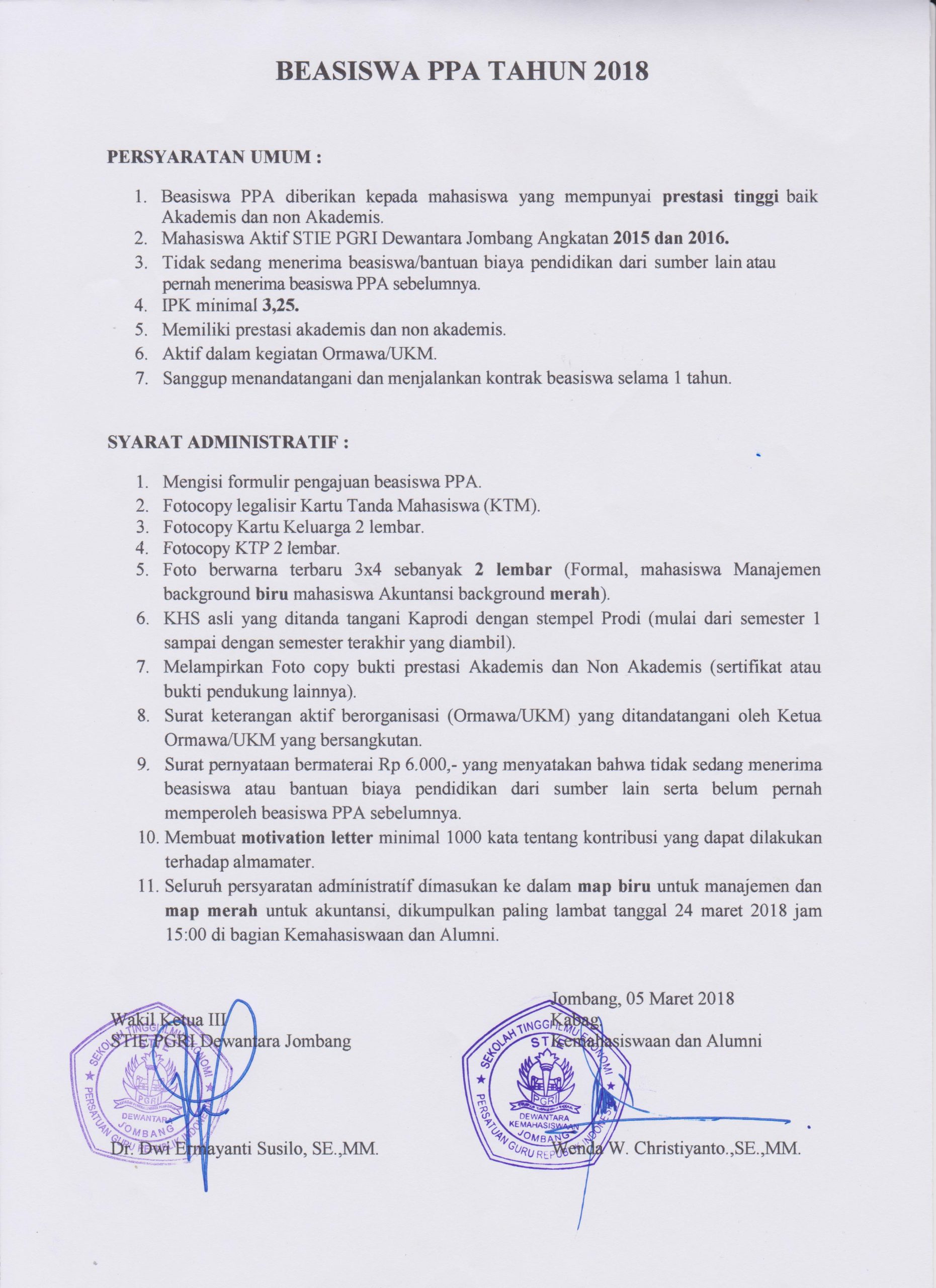 BEA SISWA PPA TAHUN 2018 | STIE PGRI Dewantara Jombang