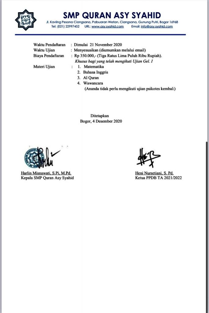 Pengumuman Hasil Seleksi SMP Gelombang I TA 2021/2022 Tahap ke-2 – SEKOLAH  QURAN ASY SYAHID