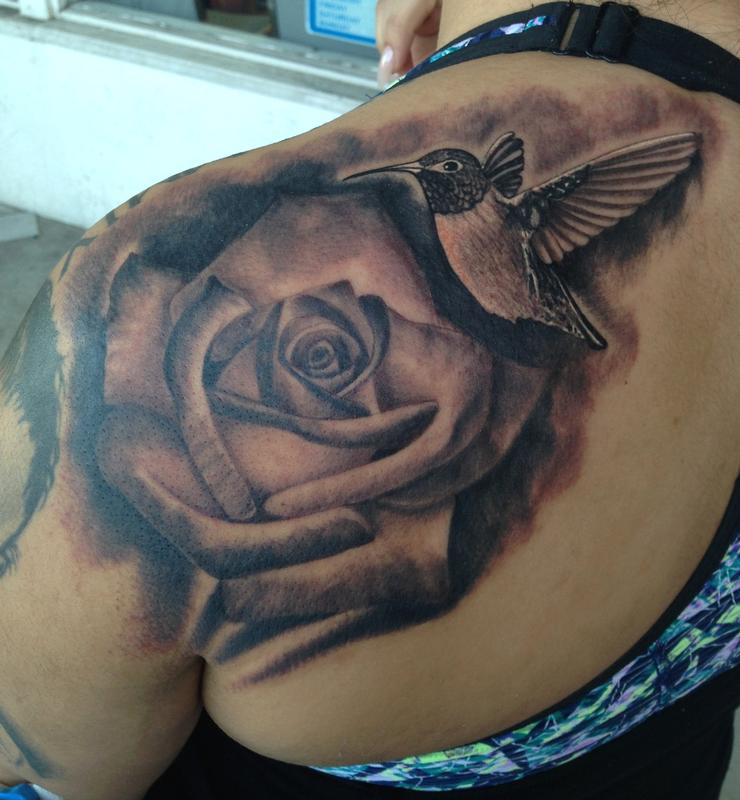 Realistic Black And Gray Rose With Hummingbird Tattoo, Scott Grosjean Art Junkies Tattoo By Scott Grosjean: Tattoonow 800_x_740_jpg