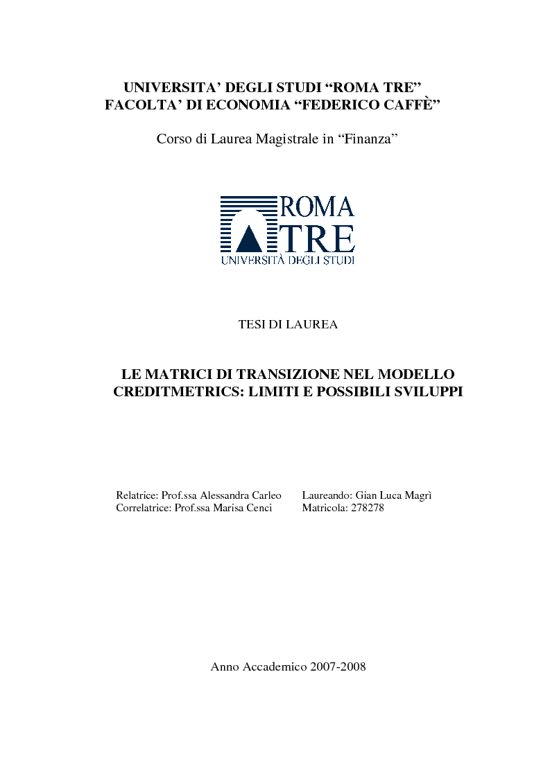Le Matrici Di Transizione Nel Modello Creditmetrics: Limiti E Possibili Sviluppi - Preview - Pagina 1 Di 10 - Tesionline 1123_x_793_png