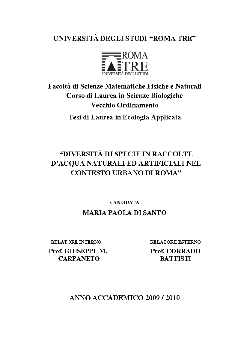 Diversità Di Specie In Raccolte D'acqua Naturali Ed Artificiali Nel Contesto Urbano Di Roma - Preview - Pagina 1 Di 16 - Tesionline 1123_x_794_png