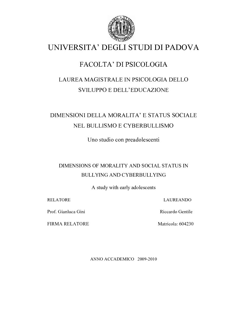 Dimensioni Della Moralità E Dello Status Sociale Nel Bullismo E Cyberbullismo - Preview - Pagina 1 Di 10 - Tesionline 1056_x_816_png
