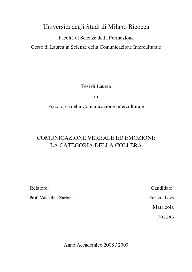 Università Degli Studi Di Milano Bicocca Facoltà Di Scienze Della Formazione Corso Di Laurea In Scienze Della Comunicazione Interculturale Tesi Di Laurea In Psicologia Della Comunicazione Interculturale Comunicazione Verbale Ed Emozioni 1123_x_793_png