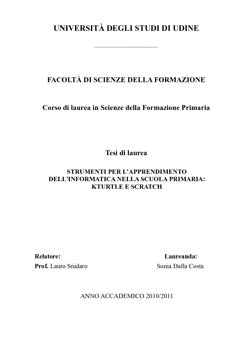 Strumenti Per L'apprendimento Dell'informatica Nella Scuola Primaria: Kturtle E Scratch - Preview - Pagina 1 Di 14 - Tesionline 1123_x_793_png