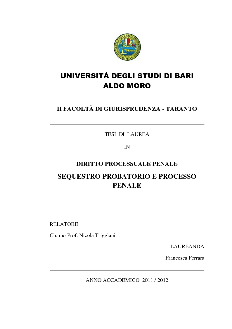 Sequestro Probatorio E Processo Penale - Preview - Pagina 1 Di 11 - Tesionline 1123_x_794_png