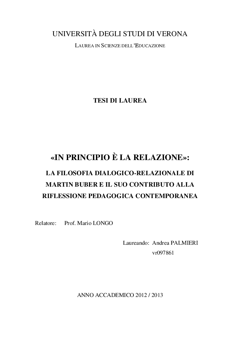 In Principio È La Relazione»: La Filosofia Dialogico-Relazionale Di Martin Buber E Il Suo Contributo Alla Riflessione Pedagogica Contemporanea - Preview - Pagina 1 Di 7 - Tesionline 1123_x_794_png