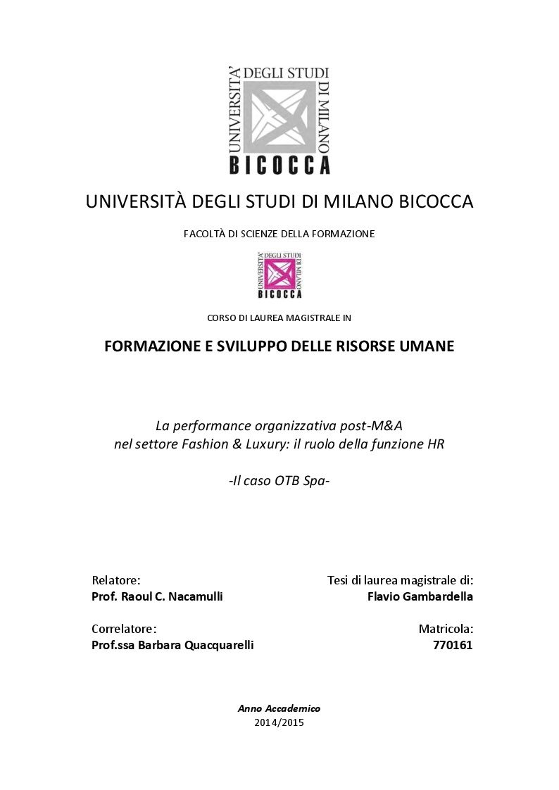 La Performance Organizzativa Post-M A Nel Settore Fashion Luxury: Il Ruolo Della Funzione Hr - Il Caso Otb - - Preview - Pagina 1 Di 6 - Tesionline 1122_x_794_png