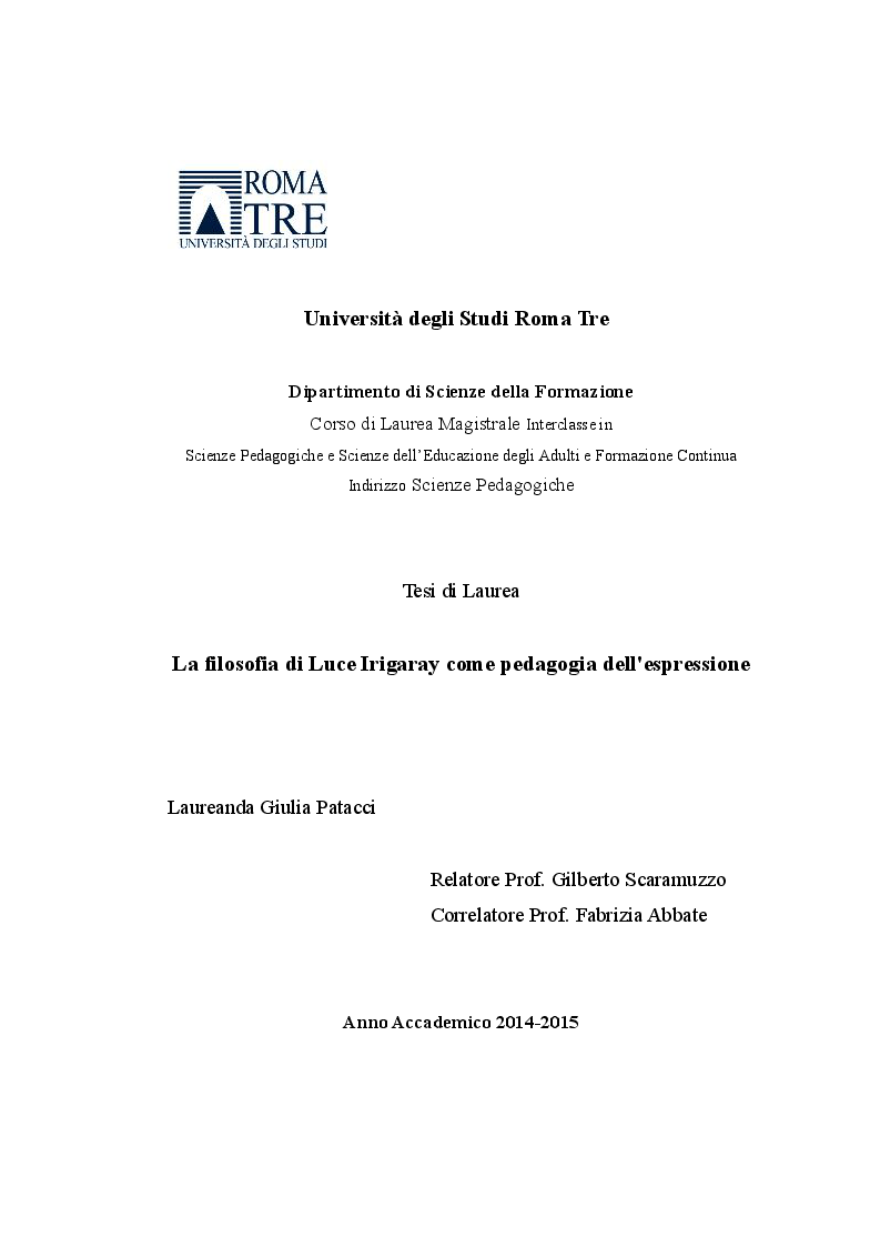 La Filosofia Di Luce Irigaray Come Pedagogia Dell'espressione - Preview - Pagina 1 Di 6 - Tesionline 1123_x_793_png