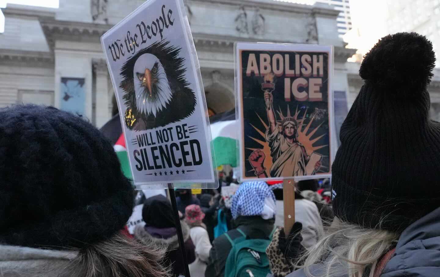 Activist groups gather in front of the New York Public Library for an anti-ICE rally and march, marking one year since US President Donald Trump took office for a second term on January 20, 2026, in New York City.