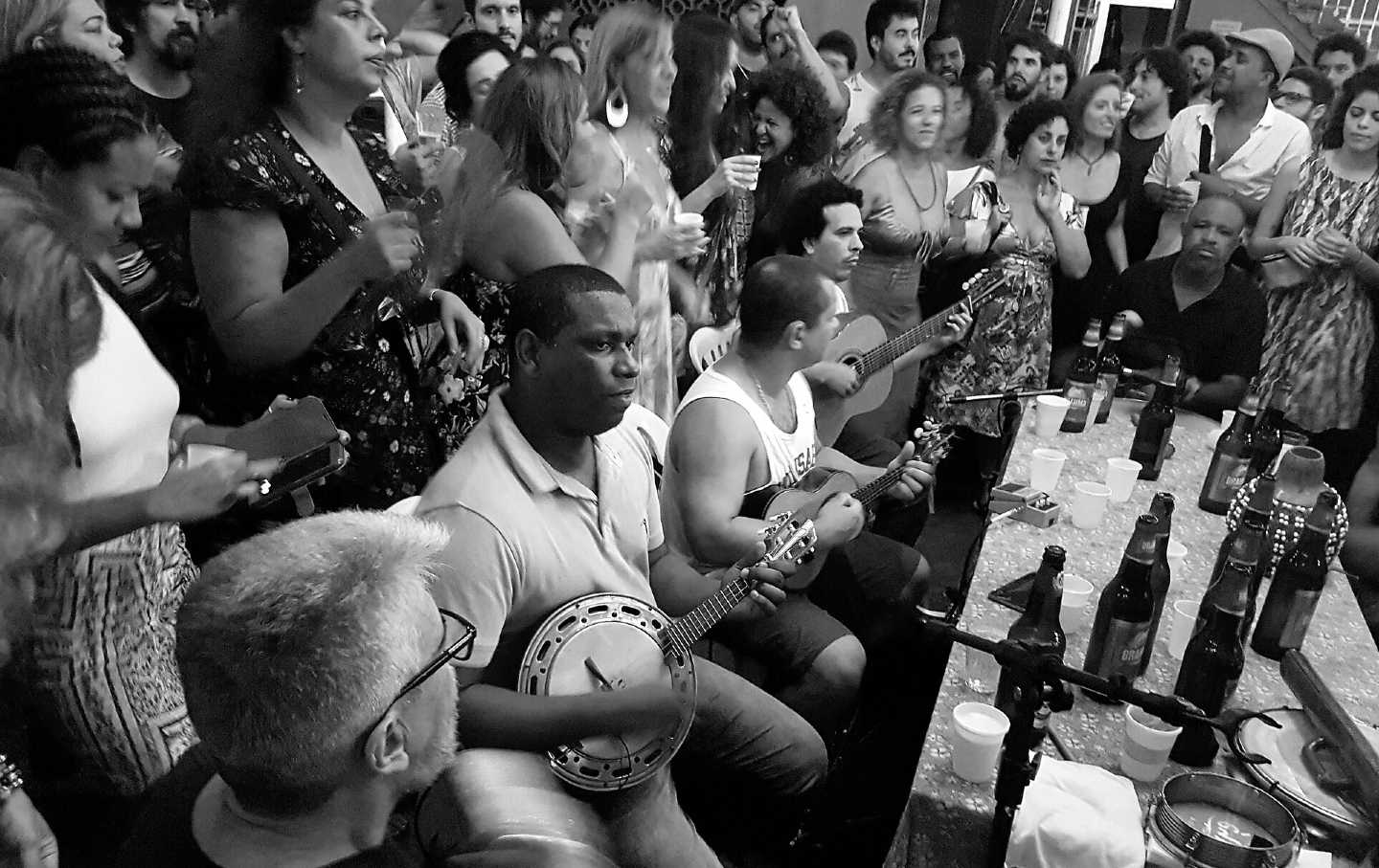 A roda de samba (samba circle) at the Pagode do Biro in Rio de Janeiro, Brazil.