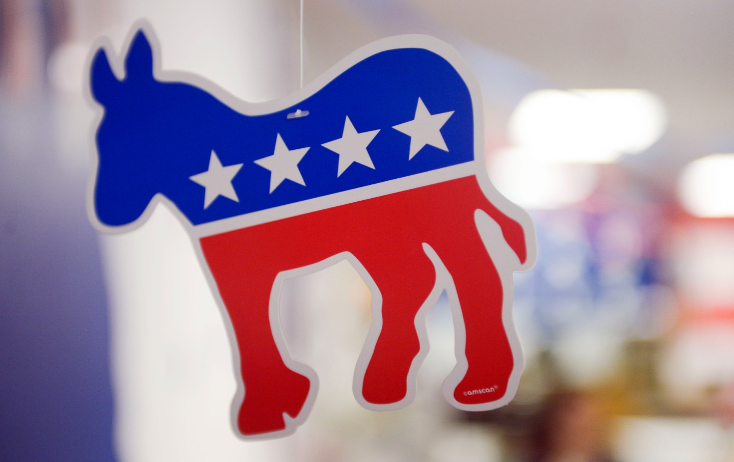 A paper donkey, the animal symbol of the Democratic Party, hangs from the ceiling at the Virginia Victory Coordinated Campaign Field Office on October 8, 2016, in Arlington, Virginia.