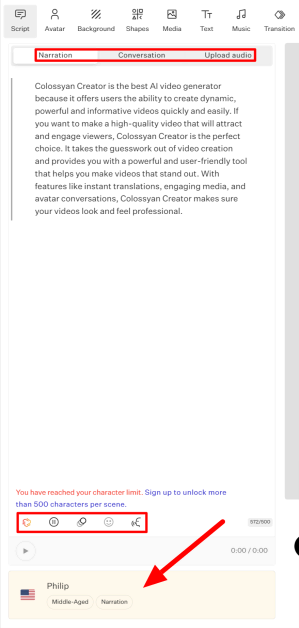 Highlighting the different text options and selecting a new voice when editing an AI video using Colossyan.