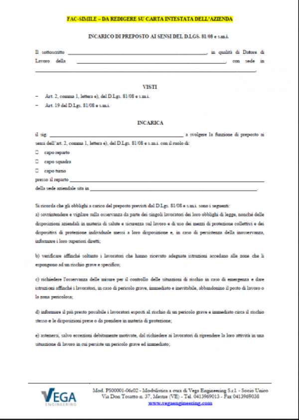 Incarico Di Preposto Per La Sicurezza Ai Sensi Del D.lgs. 81/08 Aggiornato Con Le Modifiche Apportate Dalla Legge 215/2021 - Vega Engineering 841_x_600_png