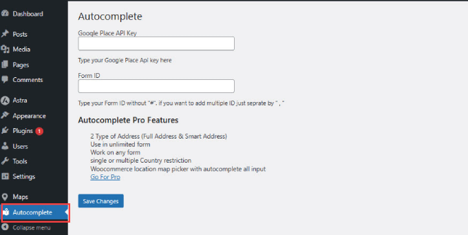 Autocomplete address field plugin settings page Autocomplete WordPress