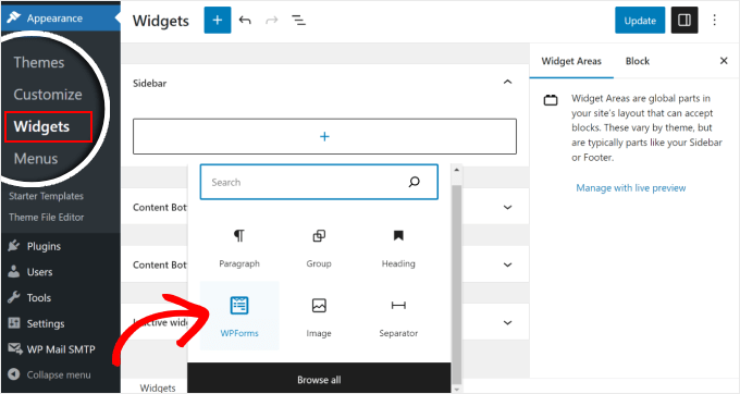 Adding a WPForms widget in the WordPress widget editor Adding a WPForms widget in the WordPress widget editor