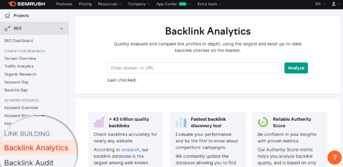 Backlink analytics section Backlink analytics Semrush