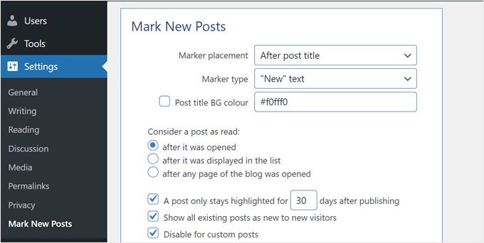 The Mark New Posts plugin settings page The Mark New Posts plugin settings page
