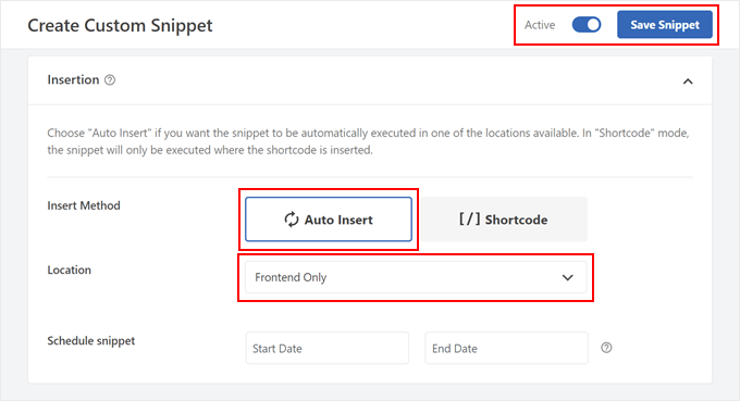 Modifying the insertion settings in WPCode and activating and publishing the code Modifying the insertion settings in WPCode and activating and publishing the code