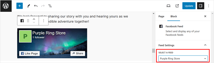 Switching to a different Facebook Feed in the Smash Balloon block settings sidebar inside the block editor Switching to a different Facebook Feed in the Smash Balloon block settings sidebar inside the block editor