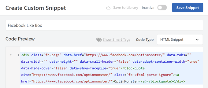 Pasting the Facebook Like Box custom code snippet in WPCode Pasting the Facebook Like Box custom code snippet in WPCode