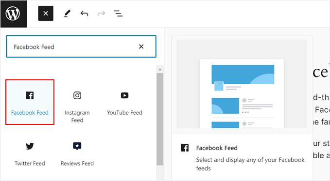 Finding Smash Balloon's Facebook Feed block in the block editor Finding Smash Balloon's Facebook Feed block in the block editor