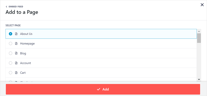 Selecting a page to insert the Facebook Feed to in Smash Balloon Selecting a page to insert the Facebook Feed to in Smash Balloon