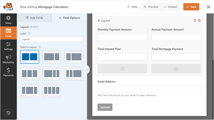 The mortgage calculation section in the WPForms mortgage calculator form template The mortgage calculation section in the WPForms mortgage calculator form template