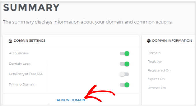 Click renew domain link Click renew domain link
