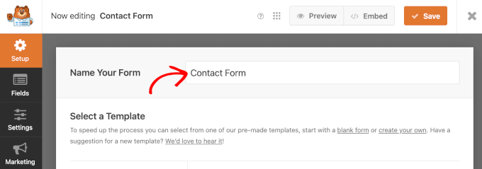 wordpress-wpforms-addnew-setup-nameyourform The Contact Form copy in the Name Your Form field in WPForms' Setup panel