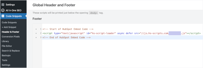 Adding HubSpot tracking code to site's footer using WPCode Adding HubSpot tracking code to site's footer using WPCode