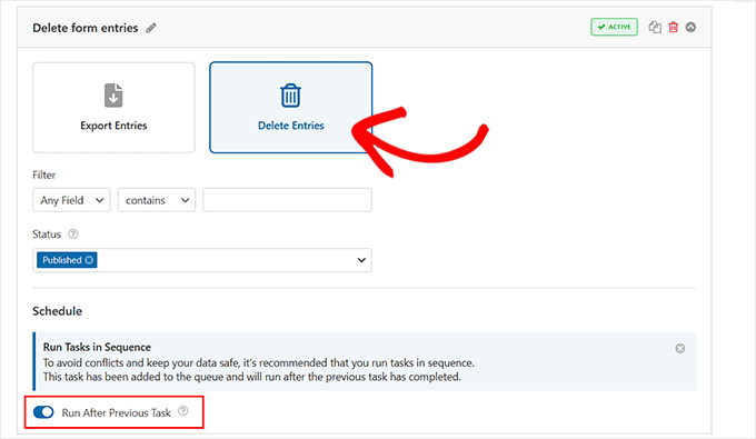 Add the Delete Form Entries task in WPForms Add the Delete Form Entries task in WPForms