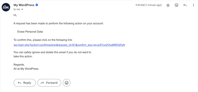 An example of a data compliance email, created by WordPress An example of a data compliance email, created by WordPress