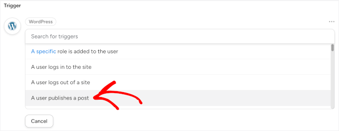 Choosing a user publish a post-addnewrecipe-trigger-wordpress-publishapost Choosing a user publish a post