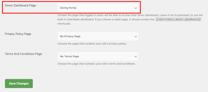 Choose the custom page as the donor dashboard on your site Choose the custom page as the donor dashboard on your site