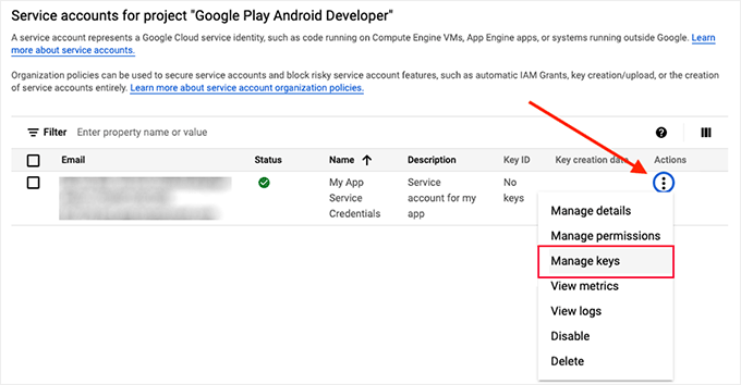 Click the Manage Keys option Click the Manage Keys option