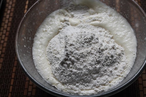 sifted dry ingredients is added into the egg mixture