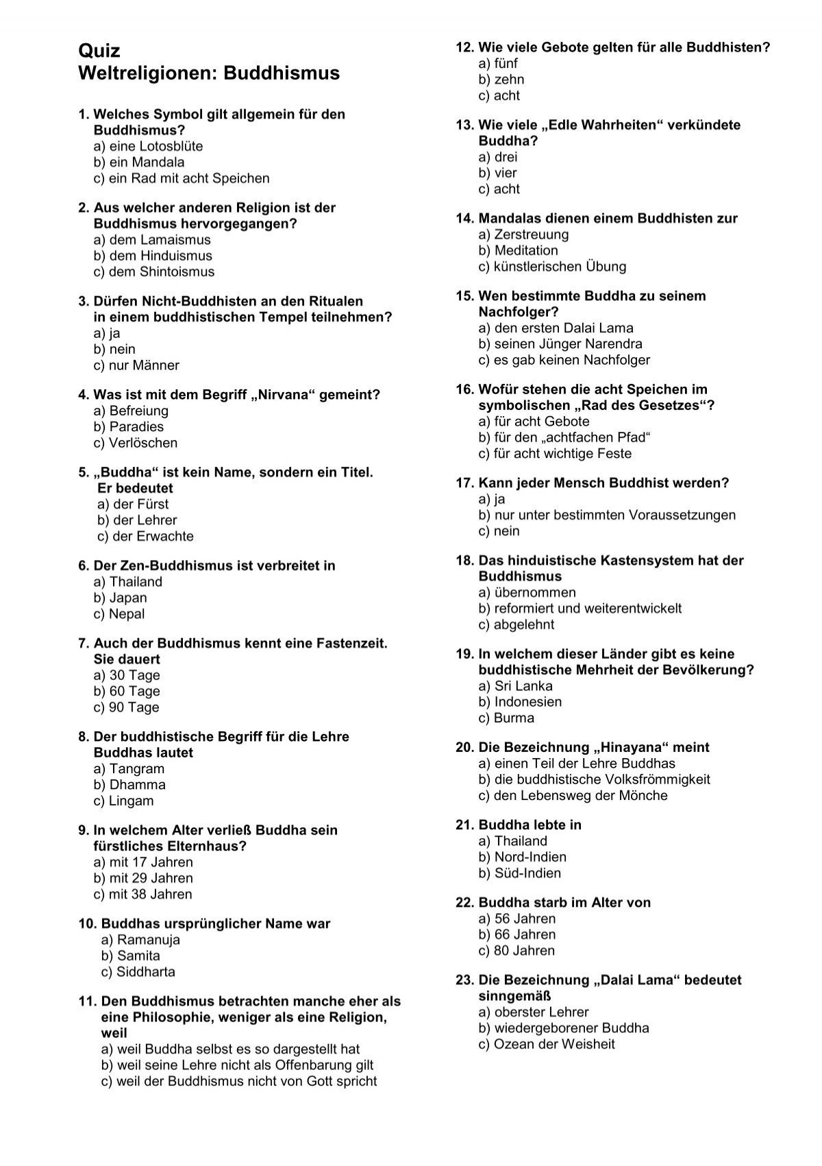 Quiz Weltreligionen Buddhismus