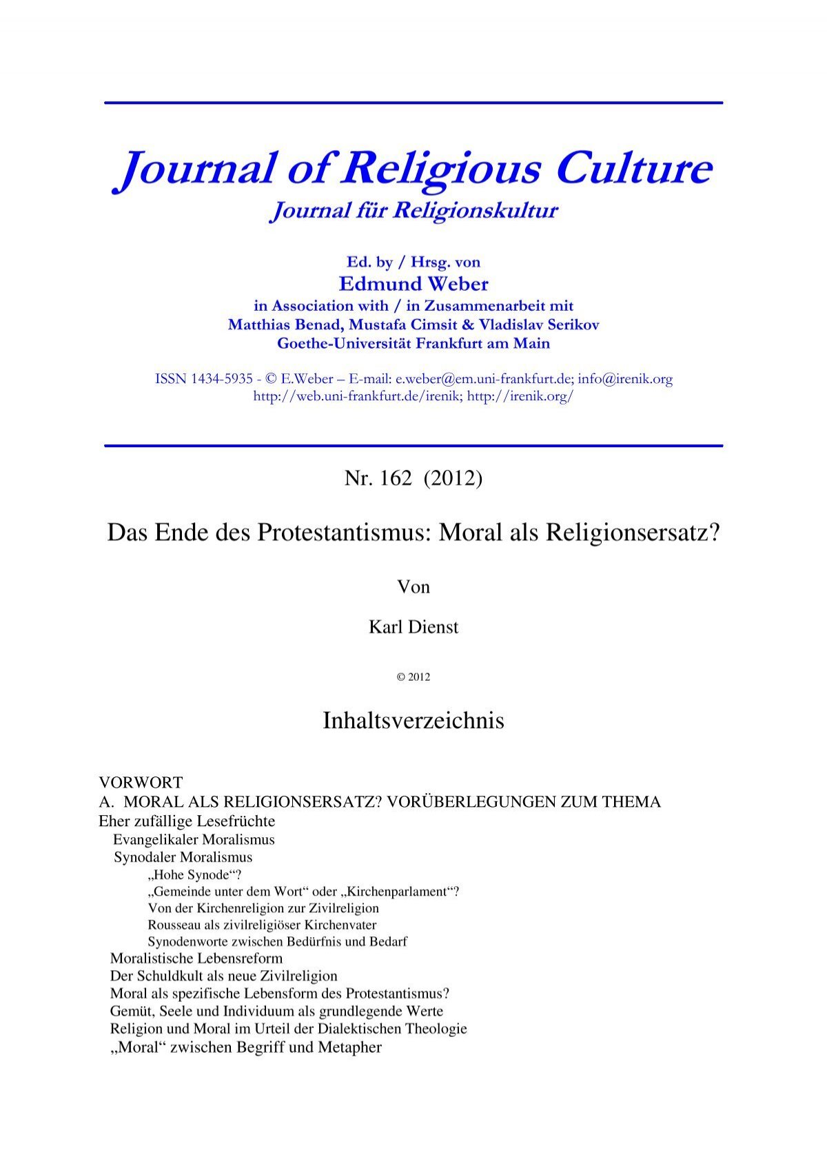 Journal Of Religious Culture Institut Fur Wissenschaftliche Irenik